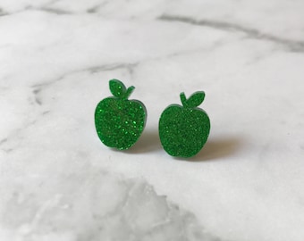 Apple Studs, Apple Earrings, Red Apple Studs, Red Apple Earrings, Green Apple Earrings, Red Glitter Apple, Green Glitter Apple, Red Apple