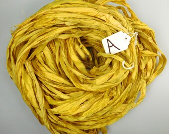 Sari silk Ribbon, Recycled Silk Sari Ribbon, yellow sari ribbon, weaving supply, rug making supply, knitting supply, crochet supply