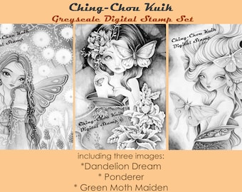 Kimono Fairy Set - Greyscale PRINTABLE Instant Download Digital Stamp / Fantasy Moth Flower Girl Art by Ching-Chou Kuik
