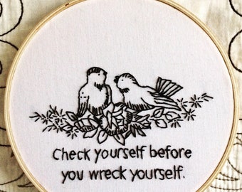 Vintage birds with issues/Check Yourself - hand embroidery hoop art