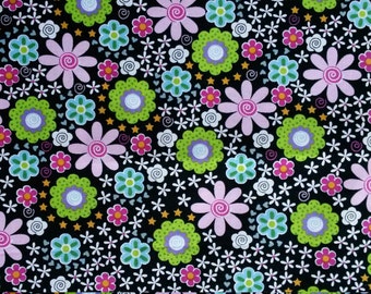 Bright Flowers on Black Background Fabric by Brother Sister Design Studio 2001