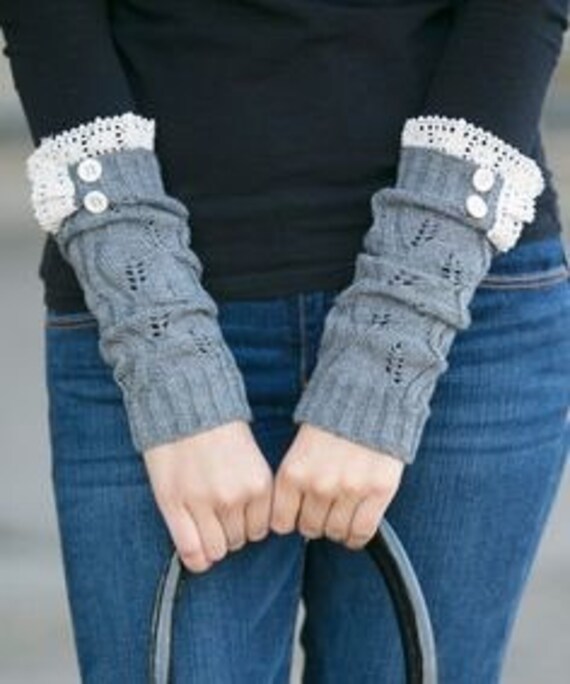 Womens Knit Arm Warmers Lace Arm Warmers Fingerless Gray