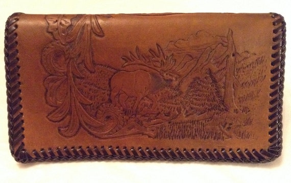 Hand tooled elk design leather Roper wallet/checkbook