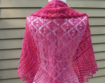 Knitted Shawl, Lace, Triangular, Traditional Dimond Lace, Pink