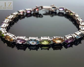 925 Sterling Silver Genuine Peridot Amethyst Blue Topaz Citrine Tennise Marquise Bracelet 8 inches