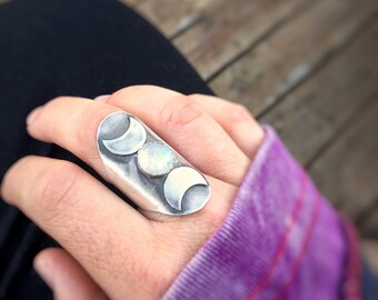 Triple Moon Goddess Ring, Wiccan Ring, Moonstone Ring, Pagan Jewelry, Silver Statement Ring, Wicca Jewelry, Moon phases Ring, Witch Ring