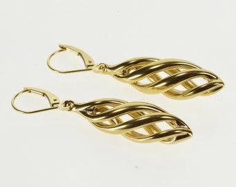 14K Puffy Hollow Twist Corkscrew Dangle Lever Back Earrings Yellow Gold