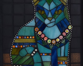 Mosaic Cat Art ~ mixed media mosaic ~ mosaic wall art ~Stained Glass Mosaic ~ Tribal Cat ~ Glass Cat Mosaic