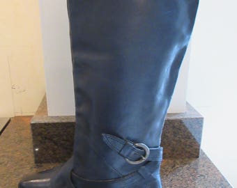 Vintage Dark Blue Leather Flat Knee Boots Made By 'Office' - UK Size 3.5, Euro 36 - Lovely!!