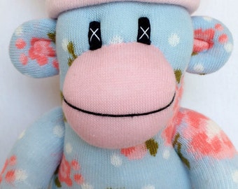 Shabby Chic Floral Sock Monkey with pin striped pom pom hat (made to order)