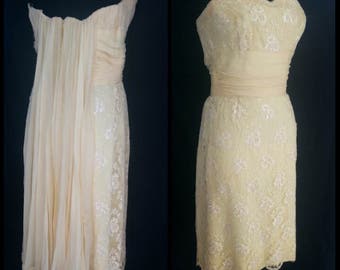 1950s Yellow Lace Sequins Peggy Hunt Wiggle Dress