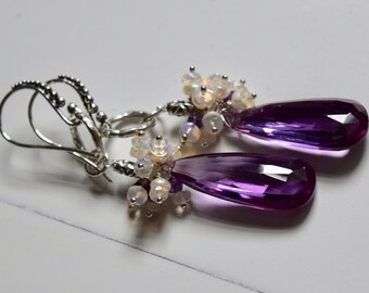 Radiant Color Changing Purple Quartz Earrings~ Dangling Earrings with Pearls, Opals, and Quartz, Artisan Earrings, Handmade Earrings ~