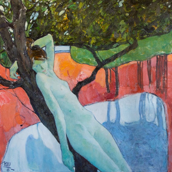 Moonlit artistic nude woman print. An emotional oil 