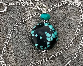 Turquoise Necklace, Turquoise Pendant, Tibetan Turquoise Gemstone Necklace, Petite Necklace, Tiny Layering Jewelry, Spiderweb Turquoise Drop