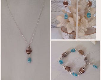 Sterling silver Seaglass and beach pebble's necklace and earring set