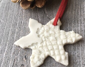 Ceramic Christmas decoration, handmade white porcelain Christmas ornament, white snowflake, Christmas tree decoration, Xmas decoration, OOAK