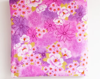 Retro Fabric Remnant - Bright Pink and Floral Pattern - Light Cotton Blend - 1960's -70's Era