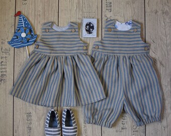 Baby twin linen outfit Twin boy and girl set Baby girl dress Baby boy romper 1st Birthday party outfit Family photo outfit