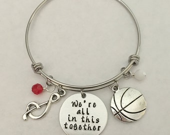 Disney inspired High School Musical bangle bracelet "We're all in this together" charm bracelet disney jewelry hand stamped