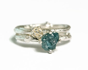 Uncut Blue Diamond Wedding Ring, April Birthstone, Rough Diamond Twig Ring, Bridal Set, custom size