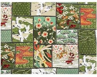 Patchwork of Asian Designs: Green/Gold Metallic Asian Japanese Fabric - By the Half Yard