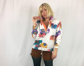 Vintage 'Head Sport' White Neon Elephant Windbreaker Jacket | Festival | Boho | Colorful
