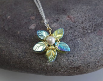 Iridescent Green Flower Necklace