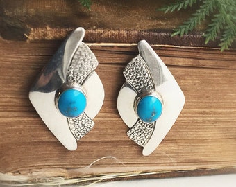 Vintage Sterling Silver & Turquoise Shield Stud Southwestern Boho Earrings