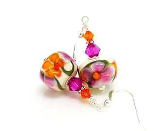 Pink Orange Earrings, Floral Earrings, Lampwork Earrings, Glass Bead Earrings, Glass Earrings, Bright Earrings, Colorful Earrings