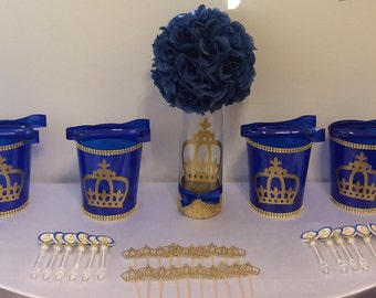 Royal Prince Baby Shower Birthday Party Crown Centerpiece Favors Candy Buffet Cupcake Toppers Crown Cutouts Royal Blue Gold Bubbles Tongs