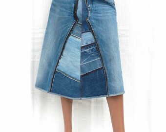 Patchwork Blue Denim - Long A-line skirt in patchwork of recycled jeans,CUSTOM MADE, long blue denim skirt,recycling,upcycling,green fashion