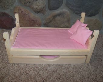 Doll Bed & Trundle fits American Girl, Wellie Wishers 14" to 18" dolls, 6 piece set, 2 mattresses, 2 pillows, Doll Bed