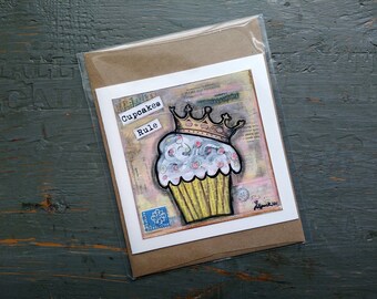 SALE! Cupcake card, Cake Art, Whimsical Cupcake, Sale Card, Clearance Card, greeting card note card, Mixed Media Art, Cupcakes Rule Card