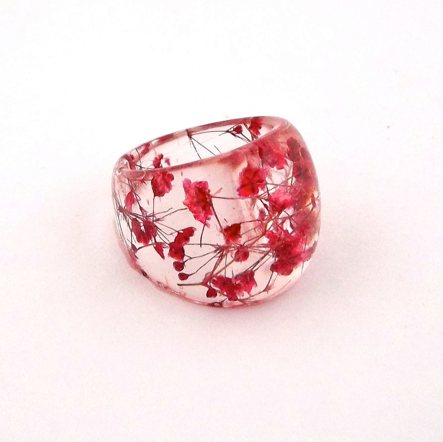 Red Resin Ring. Pressed Flower Resin Jewelry. Cocktail Ring.