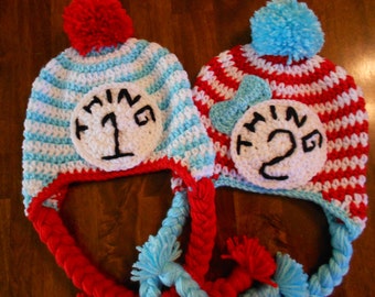 Crochet Thing1 Thing2 Inspired Earflap Hat Set- Newborn to Adult