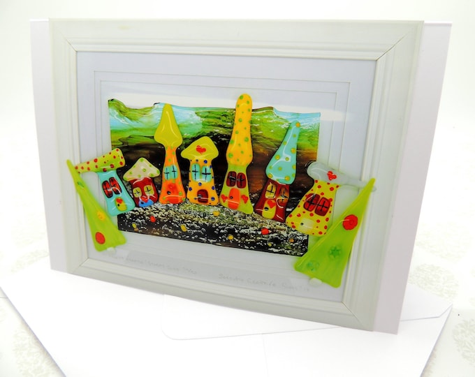 Pack of Serdinya Higgledy Village frameable greetings cards. Original artwork. Gift idea for her him. Handmade small gifts. Fused glass art.