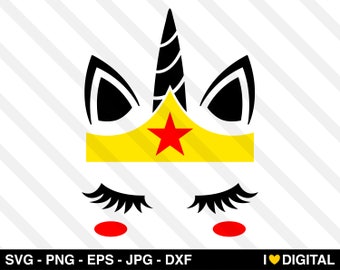 Unicorn Face SVG Vector - Wonder Woman Superhero Png Eps Jpg Dxf Printable Warrior Princess Girl Silhouette Cute Shirt Kawaii Cricut Cut Kid