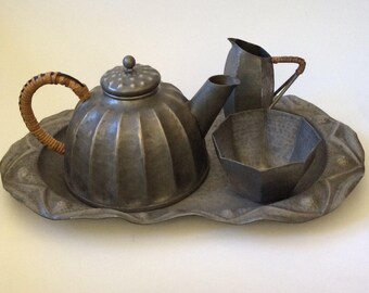 Antique French Art Nouveau Pewter Tea Set by A E Chanal, c. 1915