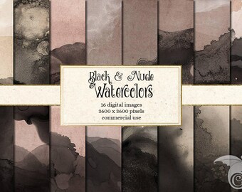 Nude and Black Watercolor Digital Paper, beige and black ink backgrounds, textures, watercolor hand painted, liquid ink scrapbook paper