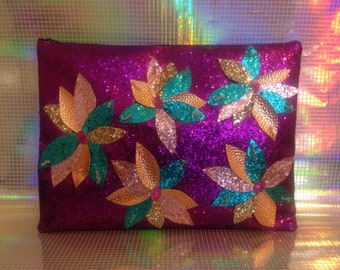 Purple glitter floral clutch bag
