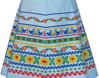 ribbon print skirt - blue - alpine folk trim inspired hand screen printed design