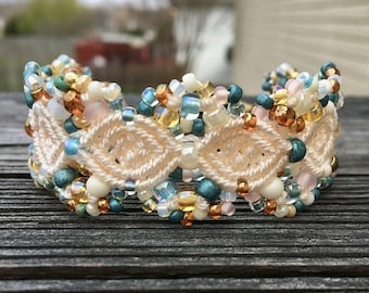 SALE Micro-Macrame Beaded Cuff Bracelet - Tan, Cream, Teal