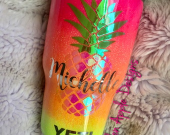 Miami Sunset - Neon Glitter Ombre YETI- Tumbler- Stemless Wine Cup