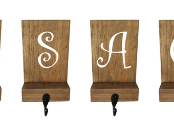 Stocking holders, reclaimed wood, initial, mantle decor, mantle stockings, rustic Christmas, family stockings, personalized hooks, decor