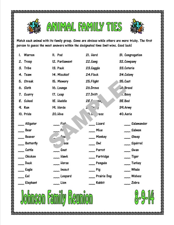 family ties animal printable matching gamepersonalize for