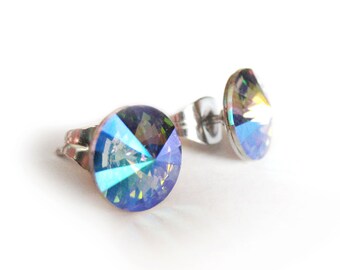 Rivoli Earrings, 8mm Crystal Stud Earrings, Paradise Shine Crystal Post Earrings, Swarovski cristal stud Earrings, Stainless Steel Post