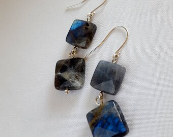 Blue flash Labradorite drop earrings, faceted labradorite earrings, made in Australia
