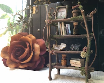 Faery Bookshelf 16 piece set with crystals and accessories - miniature ooak fairy furniture, shelf - handmade by thefaeryforest