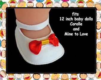 Vintage White Rubber Shoes with Red Bows for 12 inch baby doll, Mine to Love 12, Corolle Calin 12 inch