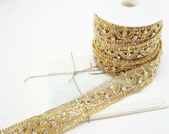 Gold Rhinestone Applique Trim, Rhinestone Chain, Rhinestone Applique, Wedding Trim, Clear Crystal Trim, 30mm ( 1 Feet Qty)